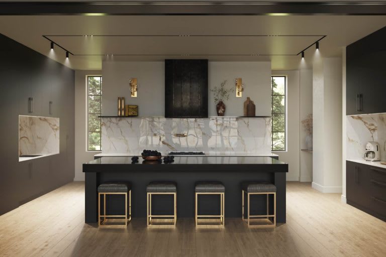 Modern kitchen featuring a marble backsplash, black cabinetry, and gold-accented stools. Bright and spacious with large windows.