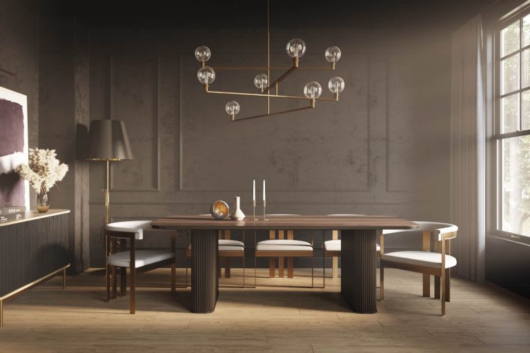 A modern dining room featuring a wooden table, stylish chairs, a chandelier, and elegant decor against a dark wall.