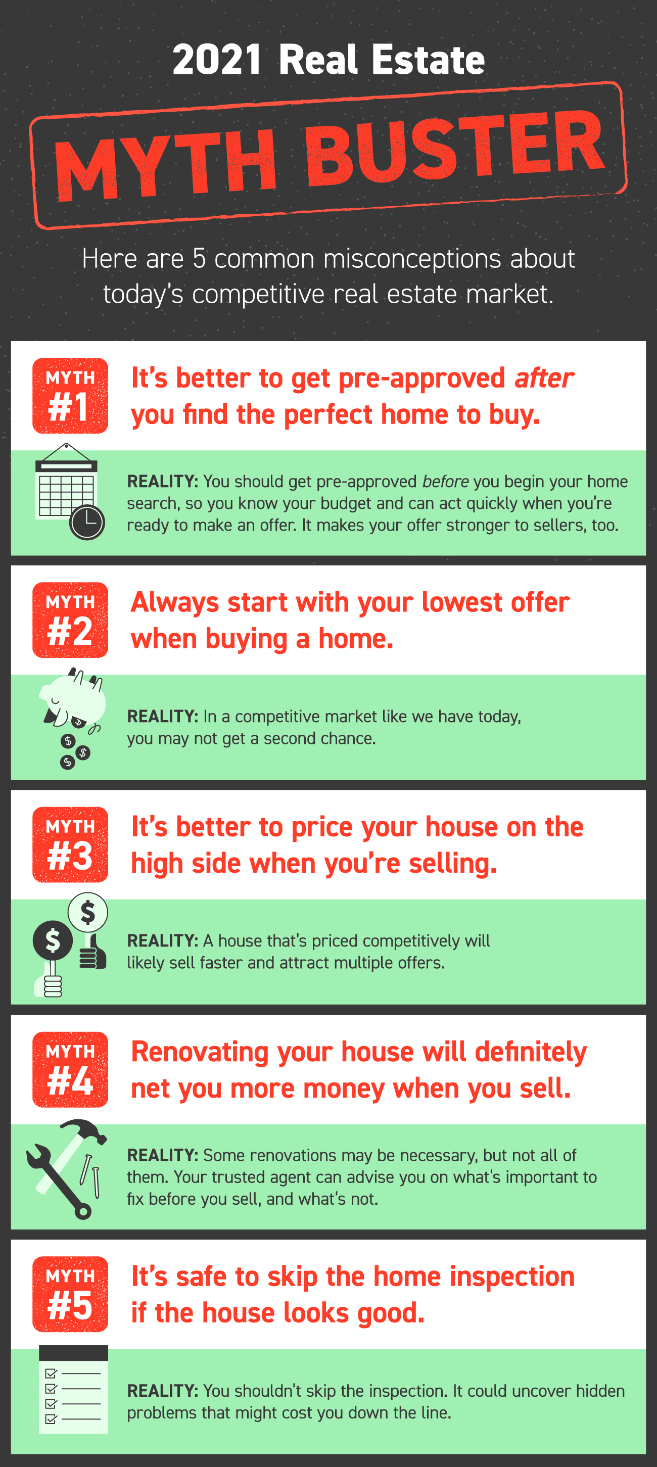 Infographic debunking five common real estate myths, with advice on buying, selling, renovations, and inspections.