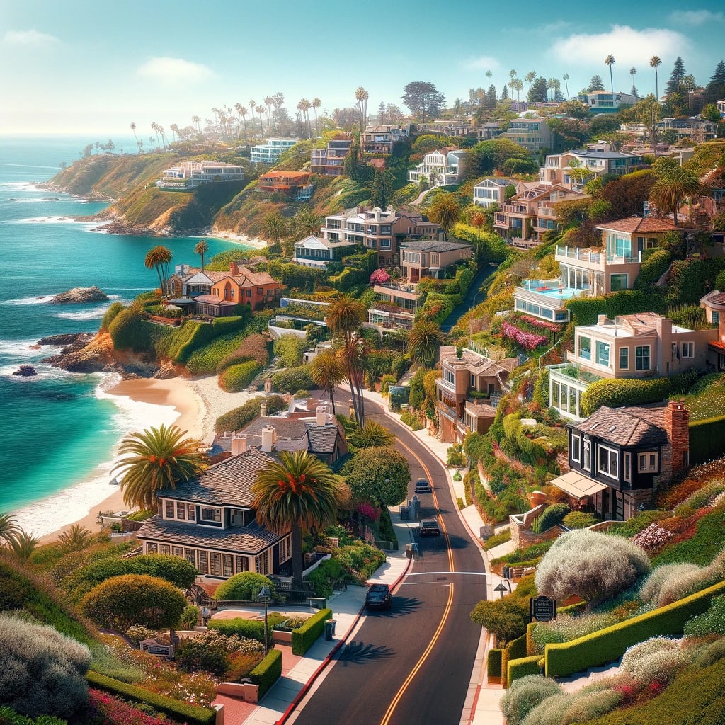 Aerial artist rendition of The Village neighborhood in Laguna Beach, California, with homes, galleries, and beach.