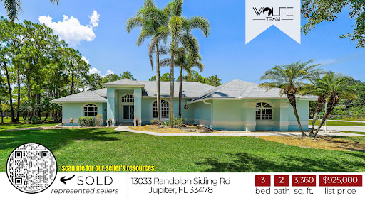 Sold-property mailer featuring a pale blue home, QR code, and property details for a Jupiter address.