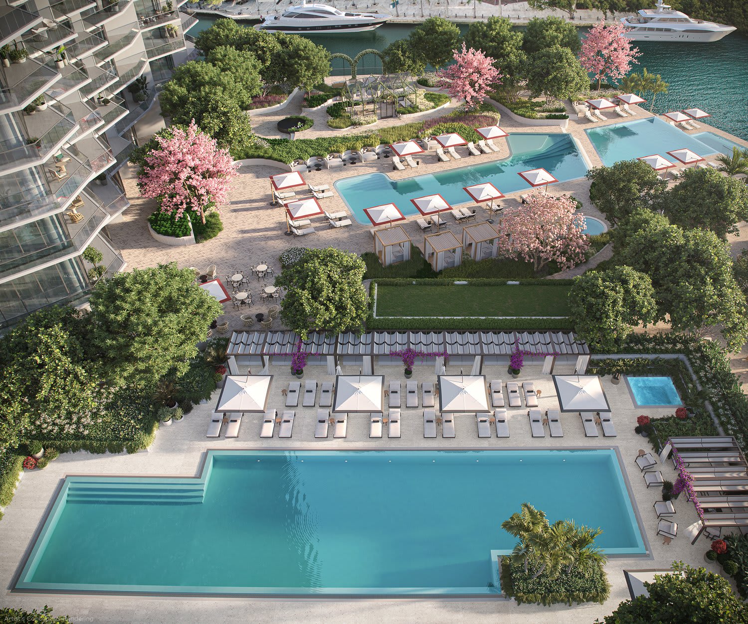 Aerial rendering of a waterfront residence pool deck with cabanas, landscaped gardens, and yachts nearby.