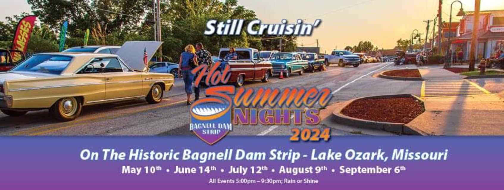 Hot Summer Nights 2024 event flyer on the historic Bagnell Dam Strip in Lake Ozark, Missouri.
