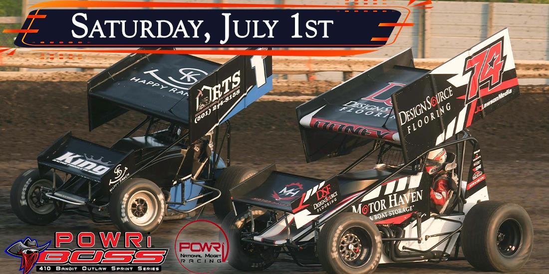 POWRi BOSS sprint car racing graphic for Saturday, July 1st.