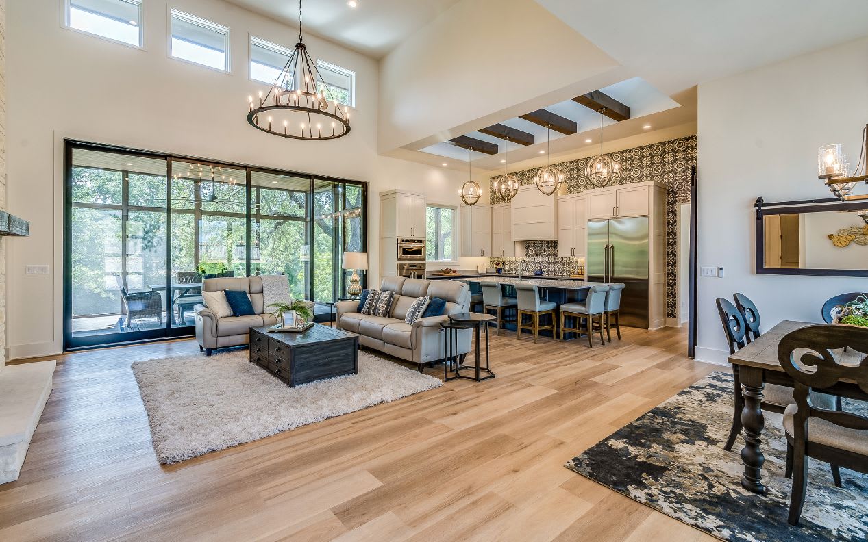 Large great room with high ceilings and open concept floorplan