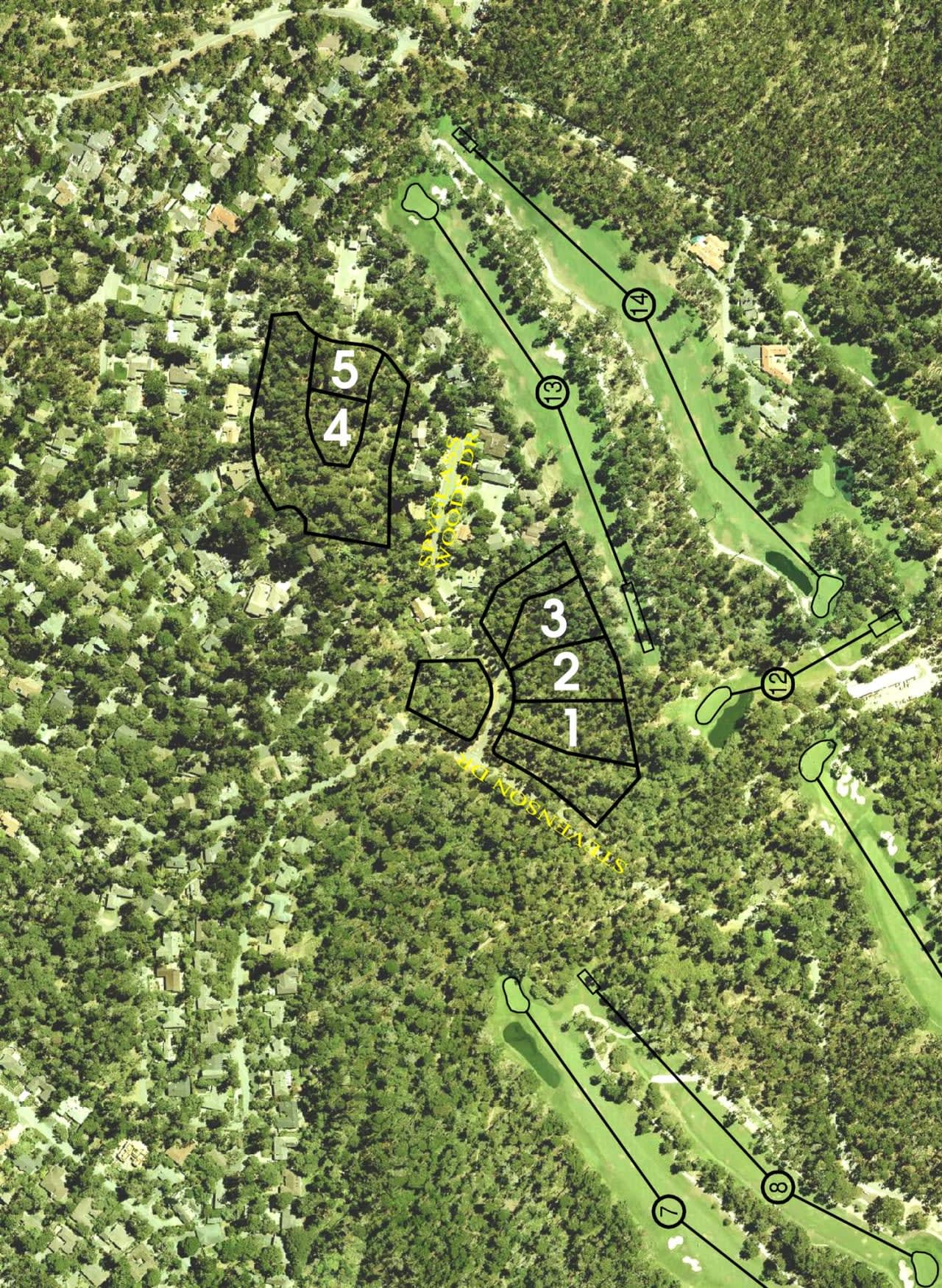 Future property lots outlined and numbered on an aerial map of wooded homes and golf course fairways.