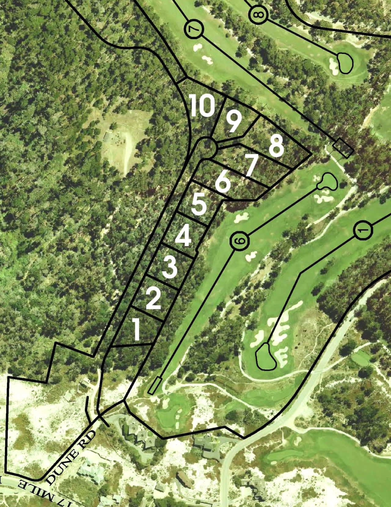 Aerial map of future lots 1–10 beside a golf course