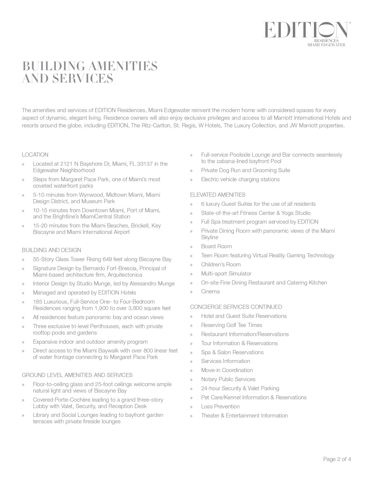 The Edition Residences Miami Edgewater building amenities and services brochure page.