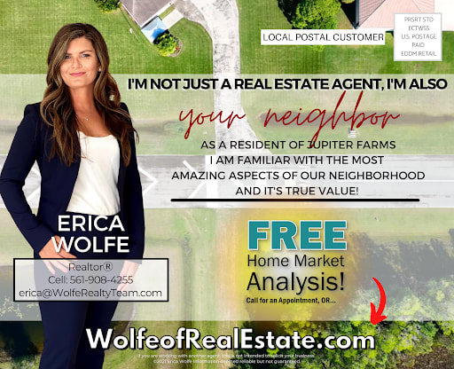 Erica Wolfe real estate mailer offering a free home market analysis to Jupiter Farms residents.