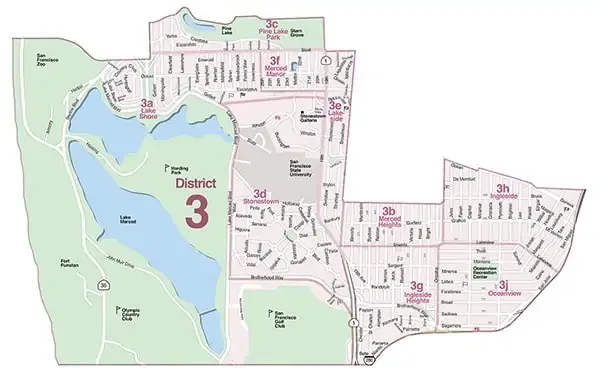 Map of San Francisco District 3, with Lake Merced and surrounding neighborhoods.