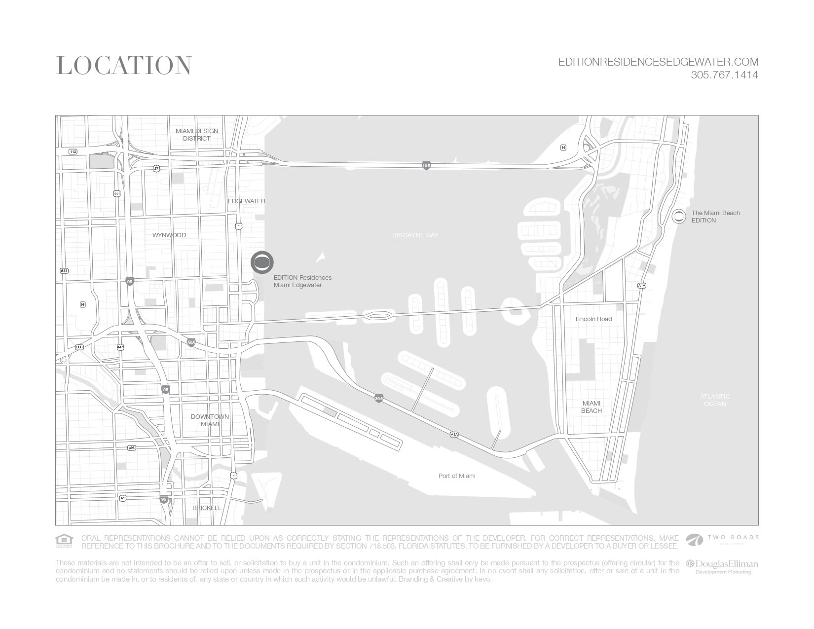 Map locating Edition Residences Miami Edgewater beside Biscayne Bay, across from Miami Beach.