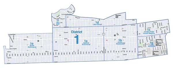 Map of San Francisco’s Richmond District divided into labeled neighborhoods.