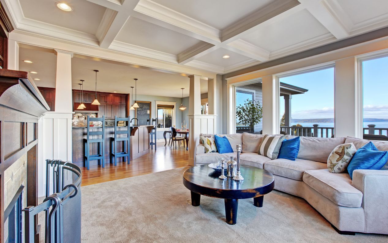 Luxury house with open floor plan. Coffered ceiling