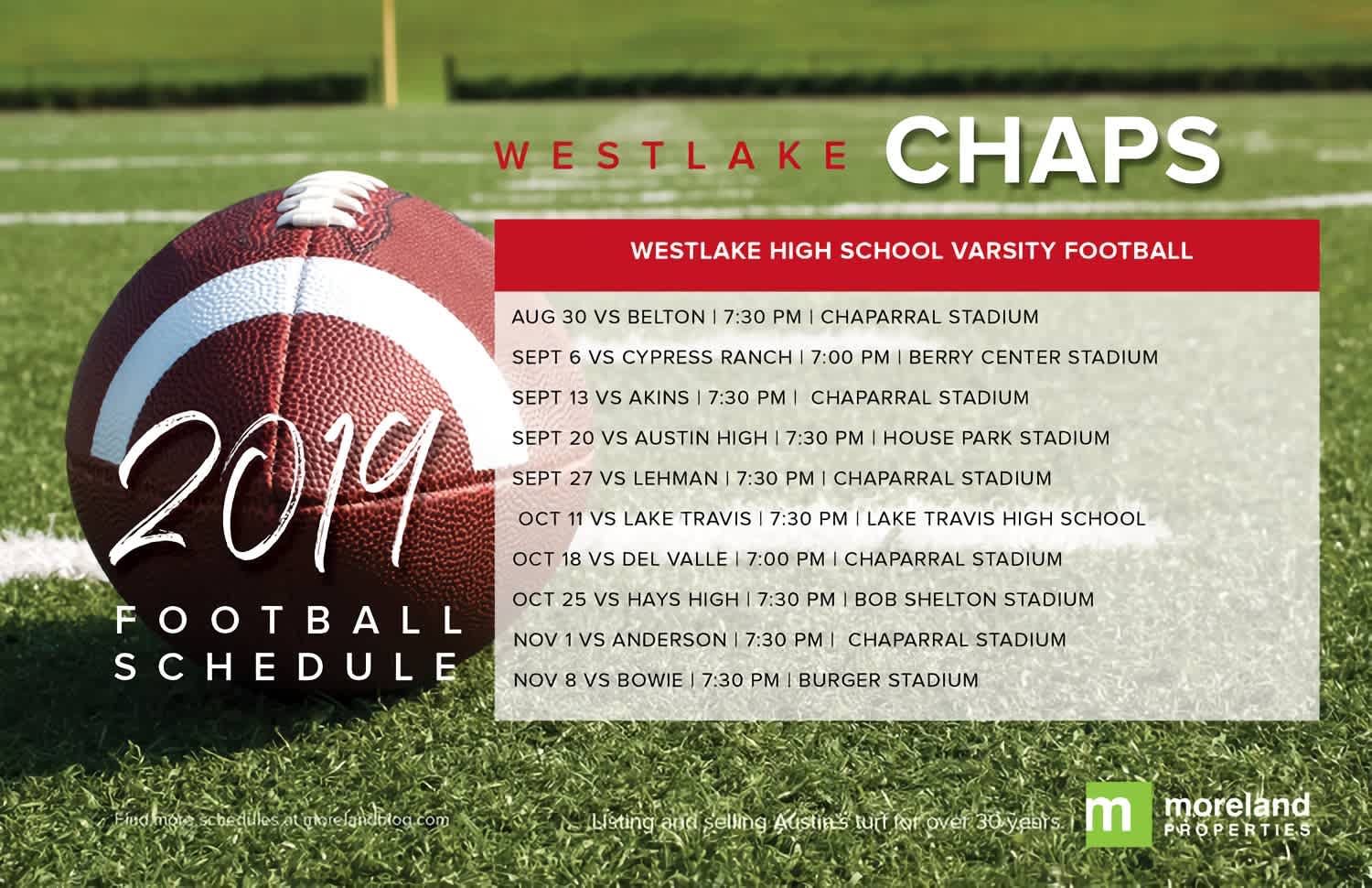 Westlake High School 2019 varsity football schedule with game dates, opponents, times, and stadiums.