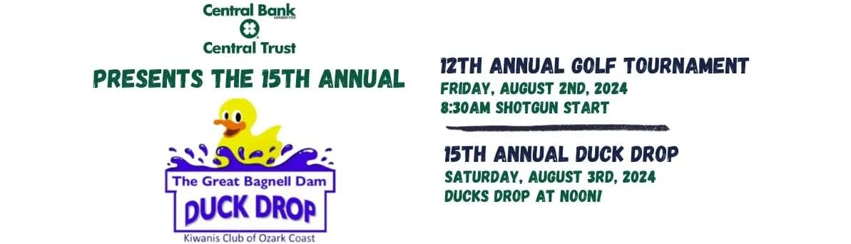 Flyer for the Great Bagnell Dam Duck Drop and annual golf tournament, with a cartoon duck.
