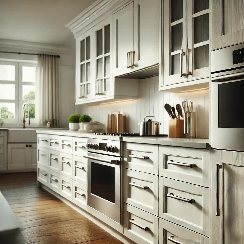 Close-up of modern cabinet handles on kitchen cabinets