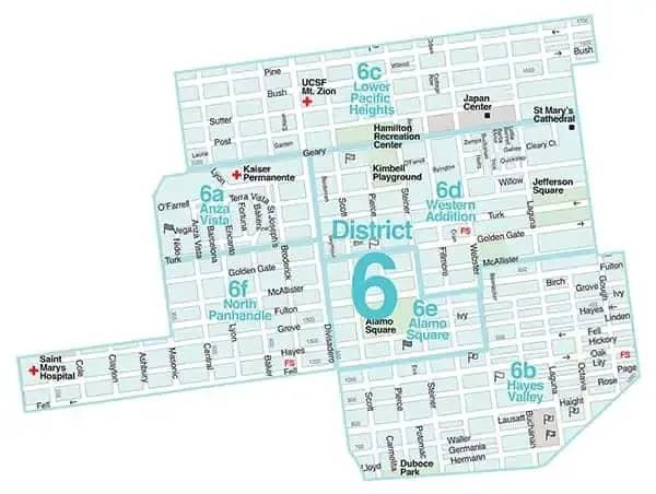 Map of San Francisco District 6, labeled with neighborhoods including Hayes Valley, Alamo Square, and Western Addition.