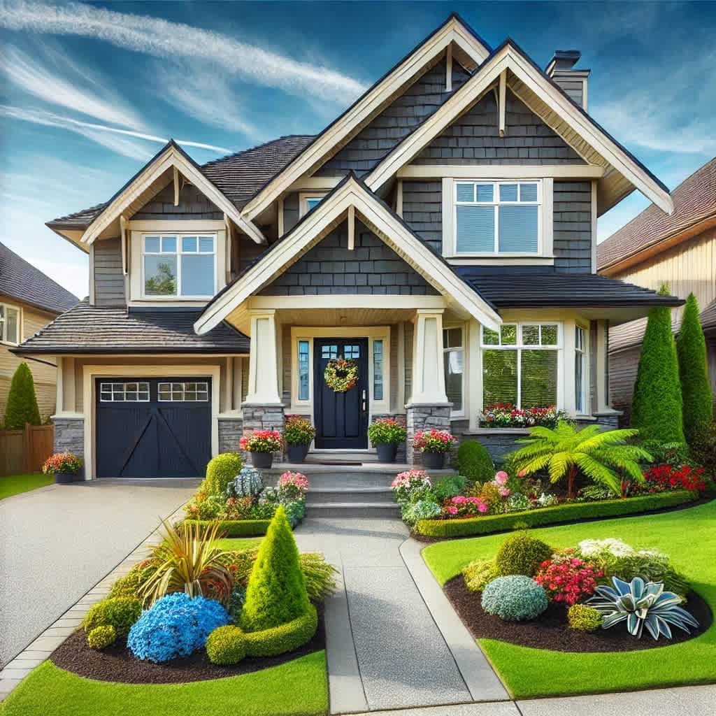 Well-maintained home exterior with fresh landscaping and painted door
