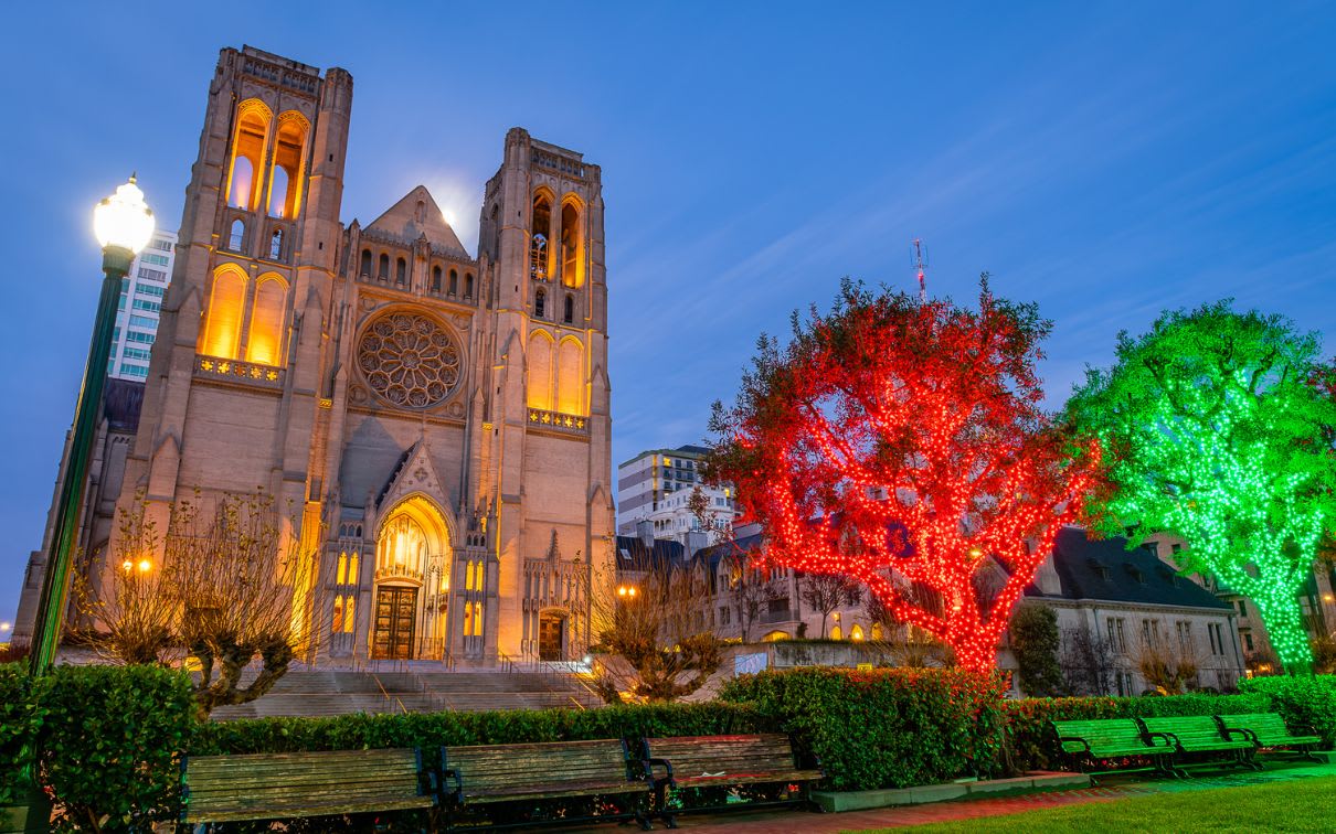 Holiday lights adorn the trees in Huntington Park, which is adjacent to Grace Cathedral in San Francisco, CA.