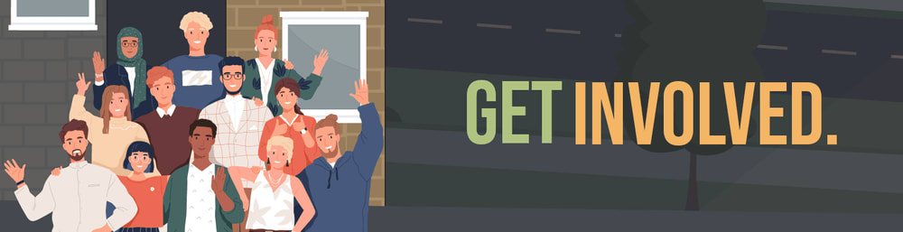 A diverse group of people stands together, smiling and waving, with a "Get Involved" message beside them.