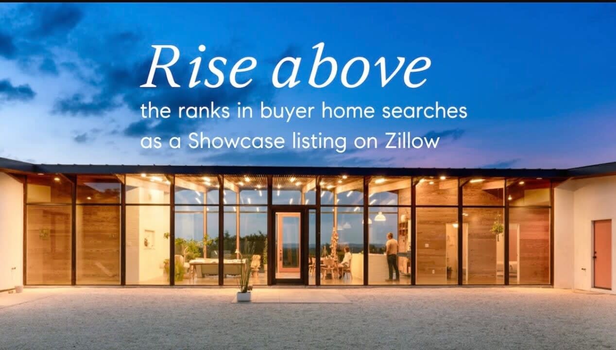 Modern home exterior at dusk with caption 