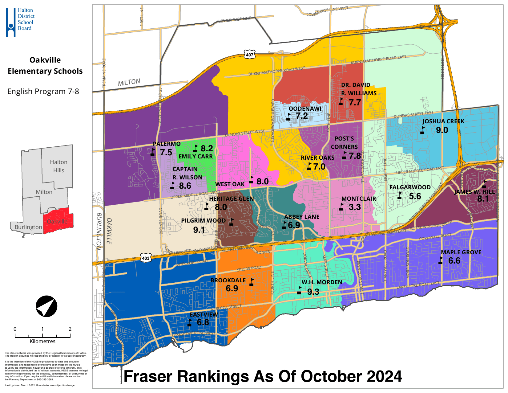 Map of Oakville, showing elementary schools and their Fraser rankings as of October 2024, with color-coded regions and scores.
