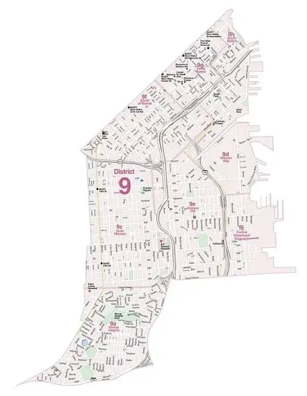 Map of District 9 showing streets, parks, and smaller district areas.