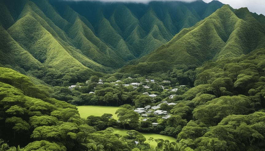 Manoa Valley, with its picturesque homes nestled alongside a babbling brook and towering trees.