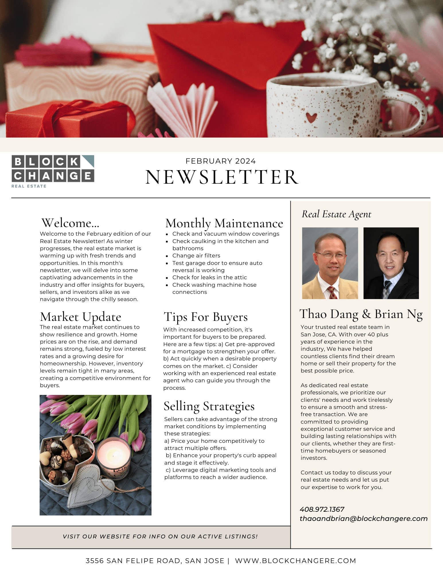 February 2024 Block Change Real Estate newsletter with market updates, maintenance tips, and buyer and seller advice.