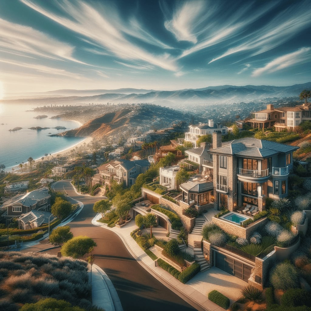 Hilltop view of Top of the World neighborhood, Laguna Beach, CA, with city, coast, and park.