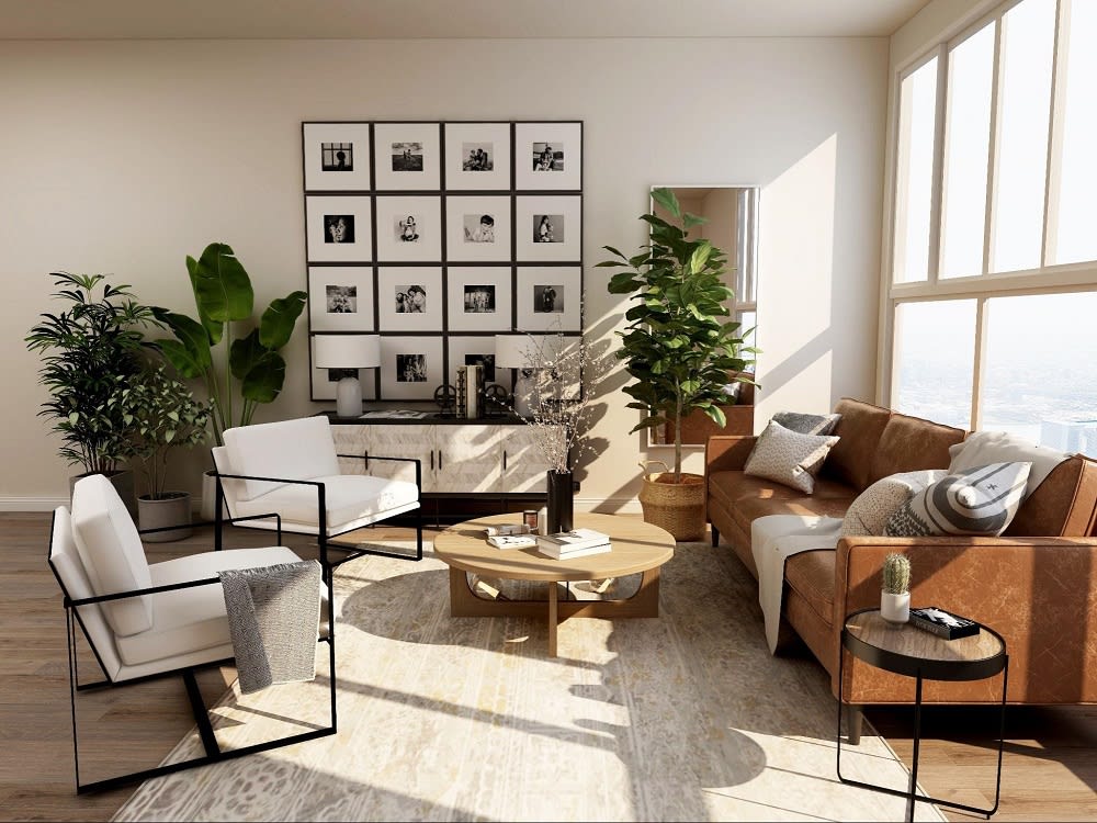  living room with a couch, two chairs, a coffee table, and a painting on the wall, decorated in a modern style.