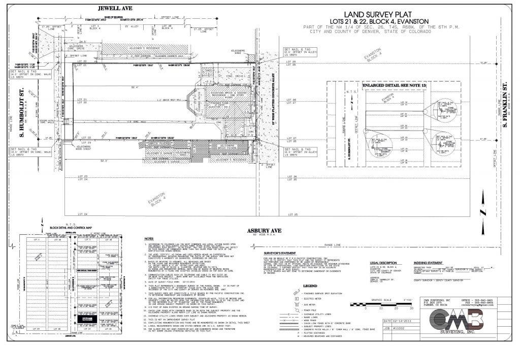 Land survey plat for Lots 21 and 22 in Evanston, showing property boundaries and street frontage.