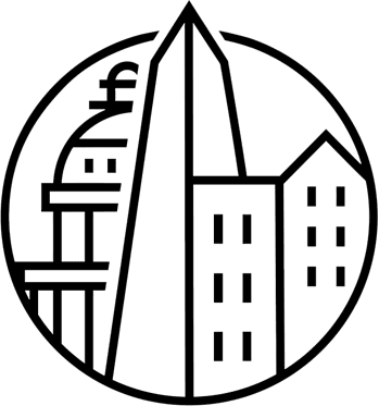 Black and white line art of a city skyline with buildings and a dome inside a circular frame.