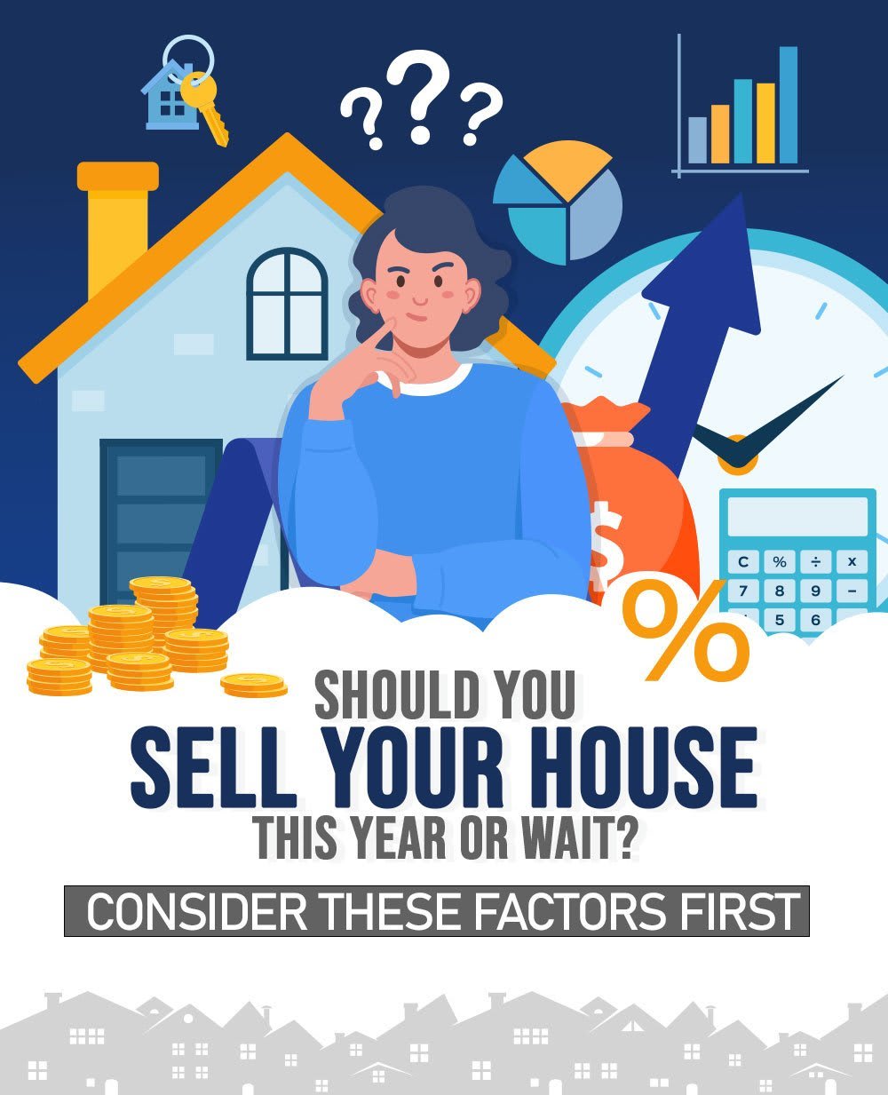 A thoughtful person considers selling their house, surrounded by icons of finance and real estate. Text prompts to weigh factors before deciding.