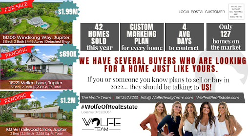 Wolfe Team real estate mailer with three Jupiter listings, market statistics, contact details, and a group photo.