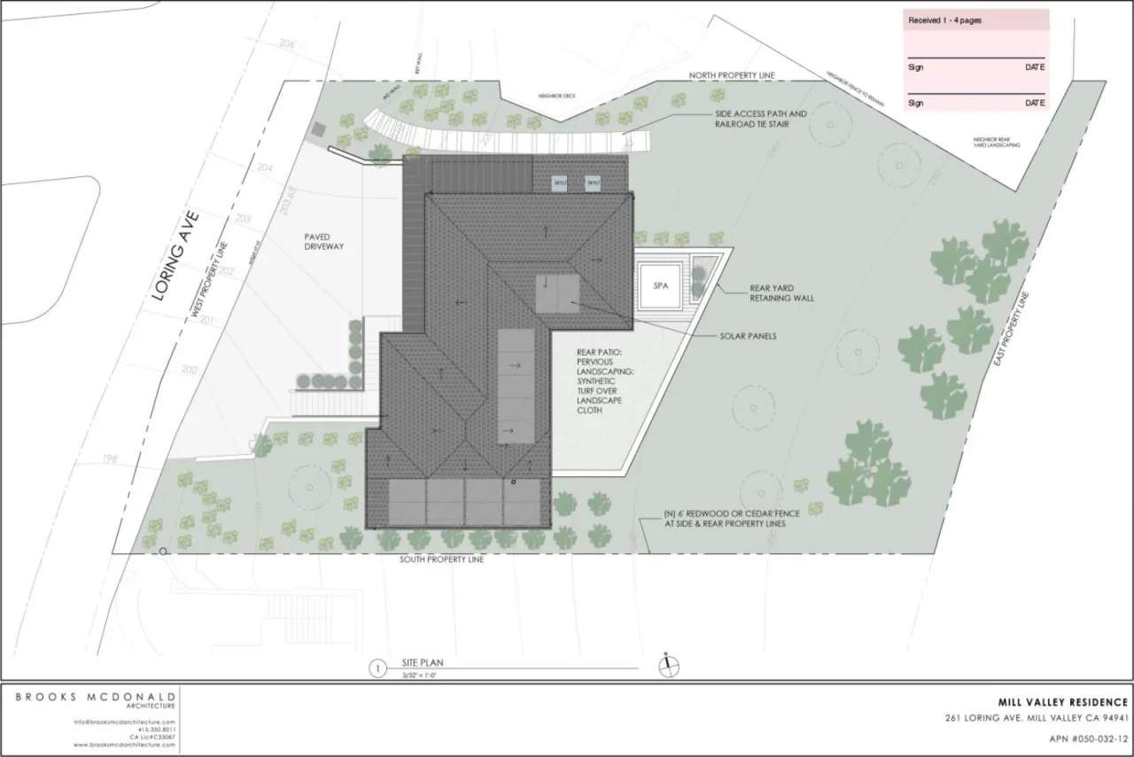 Site plan for the Mill Valley Residence showing the house, driveway, spa, patio, landscaping, and property lines.