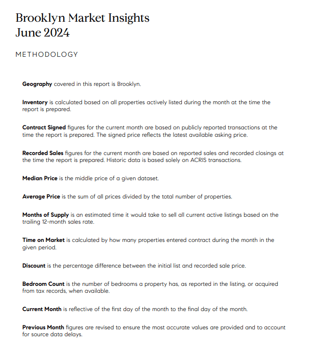 Brooklyn Market Insights June 2024 methodology, defining the terms and data used in the market report.