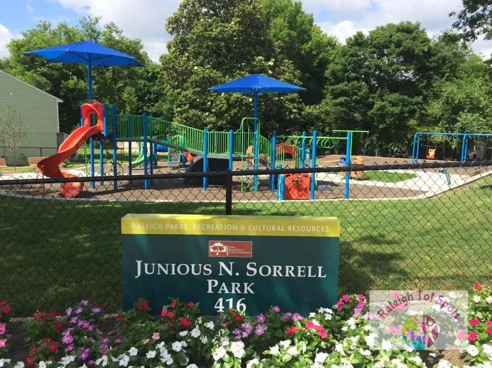 A colorful playground with slides and swings, surrounded by green trees and flowers, at Junius N. Sorrell Park.