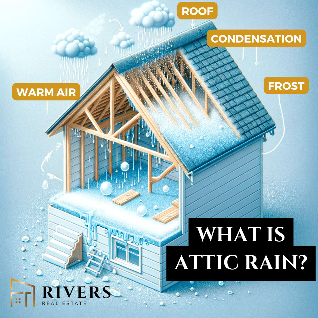 An infographic describing how frost accumulates in the attic and melts from warm air causing attic rain in calgary