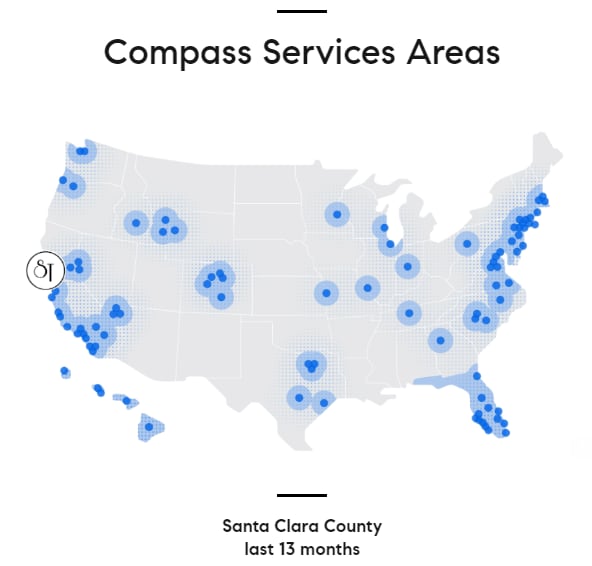 Map showing Compass service areas across the U.S., highlighted with blue dots, focusing on Santa Clara County over the last 13 months.