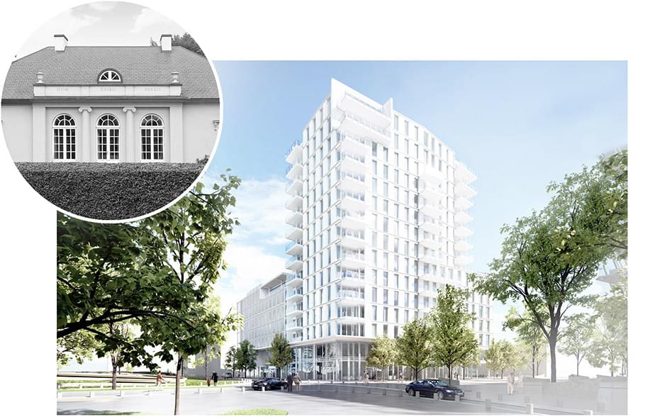 A side-by-side comparison of an old white building with red trim and a modern glass and steel building.