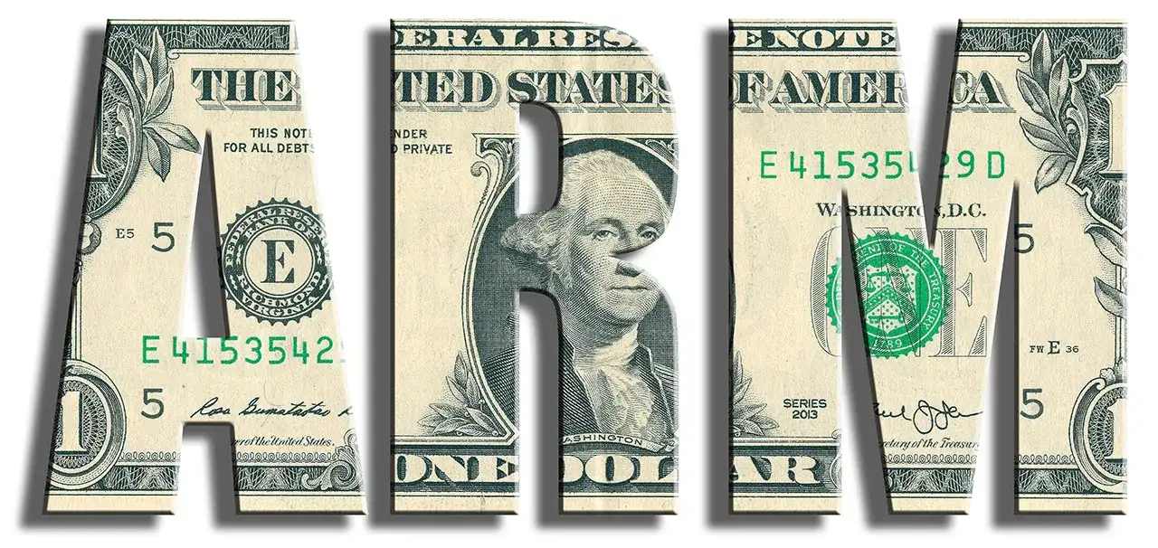 ARM lettering filled with images of U.S. five-dollar bills.