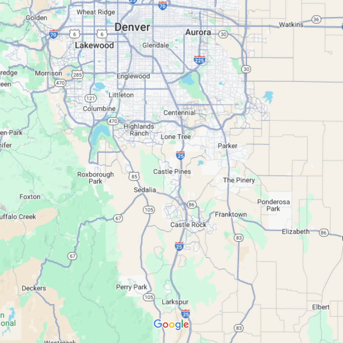 Map of the Denver area showing Castle Pines, Castle Rock, and surrounding communities.