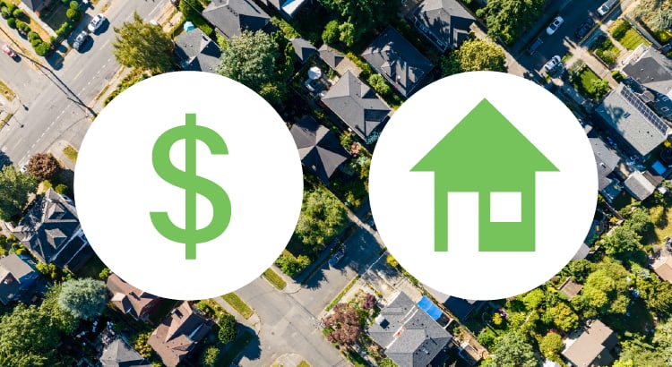 Aerial neighborhood beneath dollar and house icons, illustrating home prices and real estate sales.