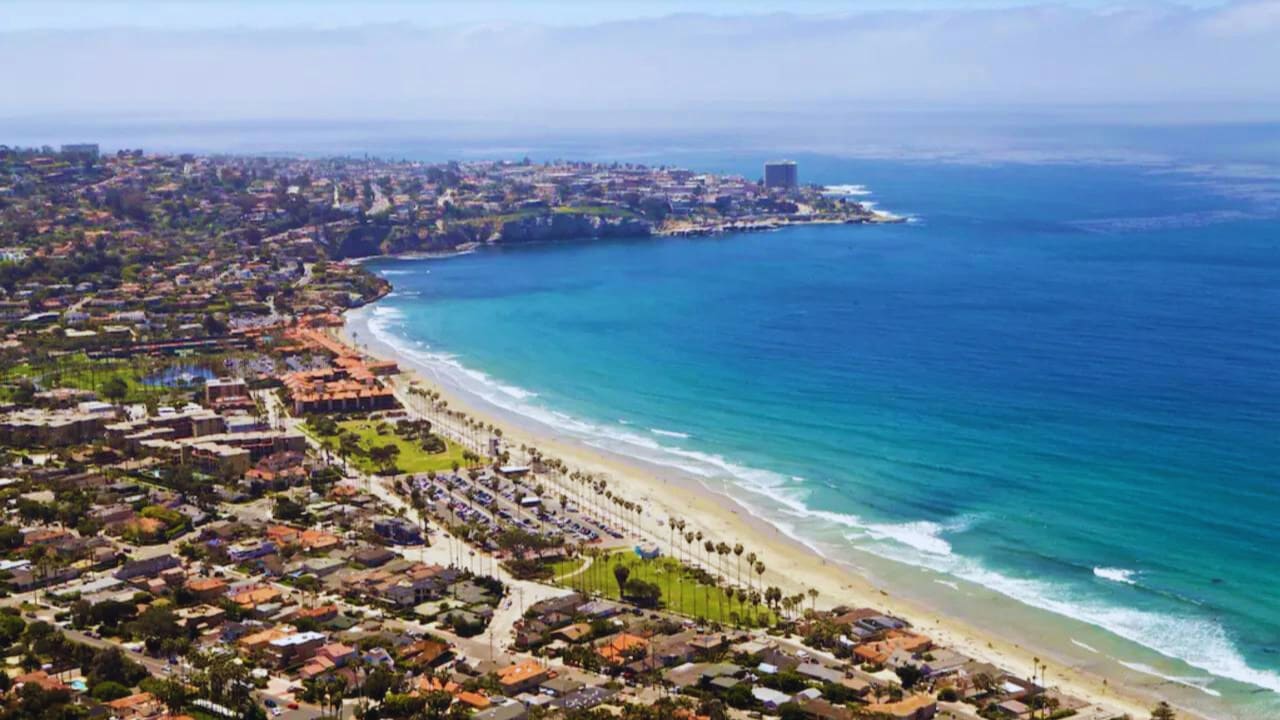 Sunny day in La Jolla Shores beachside with palm trees