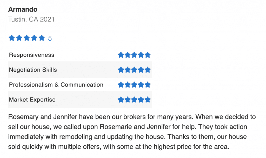 Online review for Jennifer Palmquist showing 5 stars, top real estate agents in Tustin CA