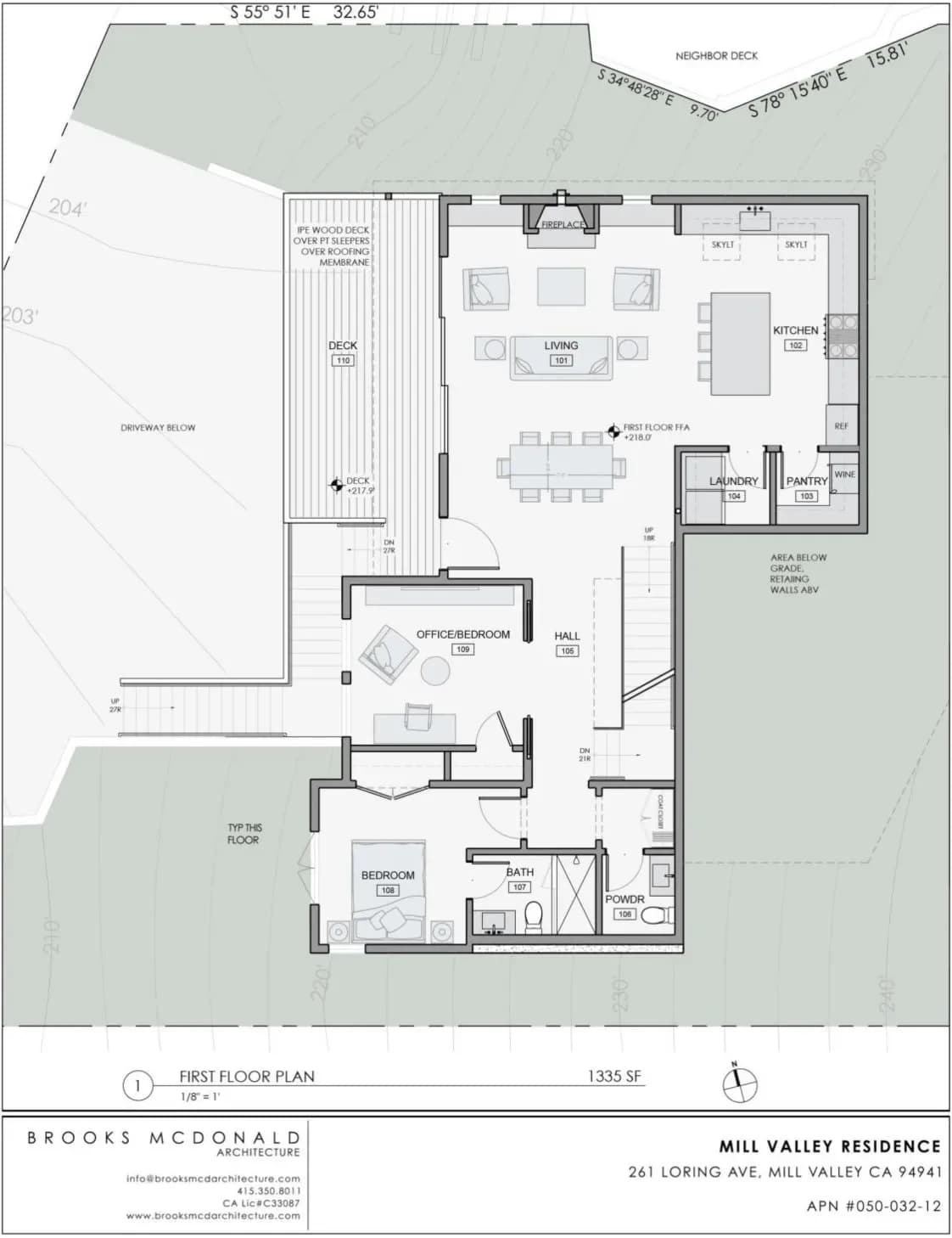 First-floor plan for the Mill Valley residence, showing living, kitchen, bedroom, office, deck, and 1,335 square feet.