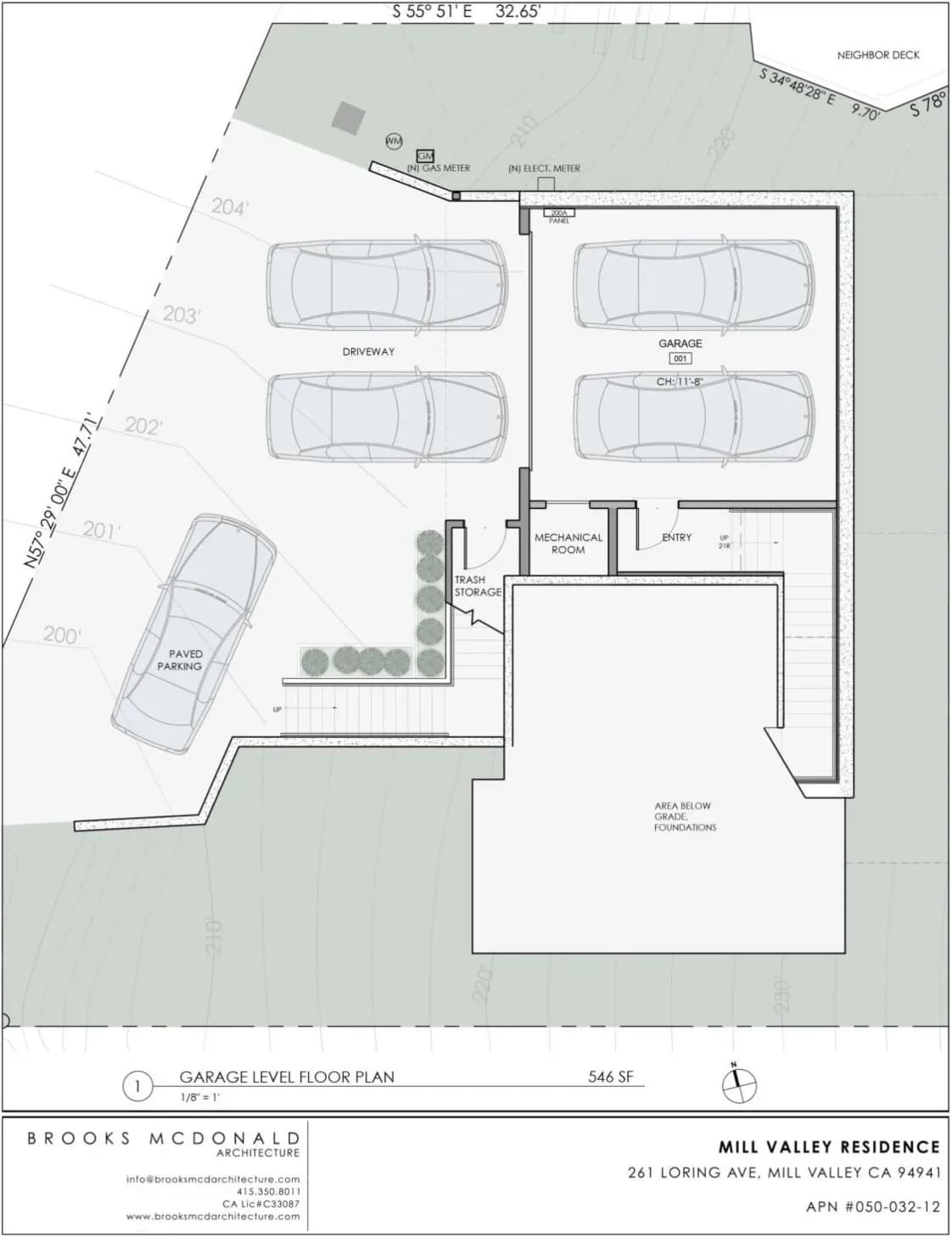 Garage-level floor plan for Mill Valley Residence, with a two-car garage and driveway parking.