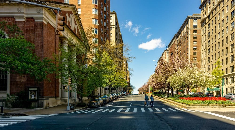 Sunny urban street lined with historic buildings, blooming trees, and two people crossing a crosswalk under a clear blue sky.