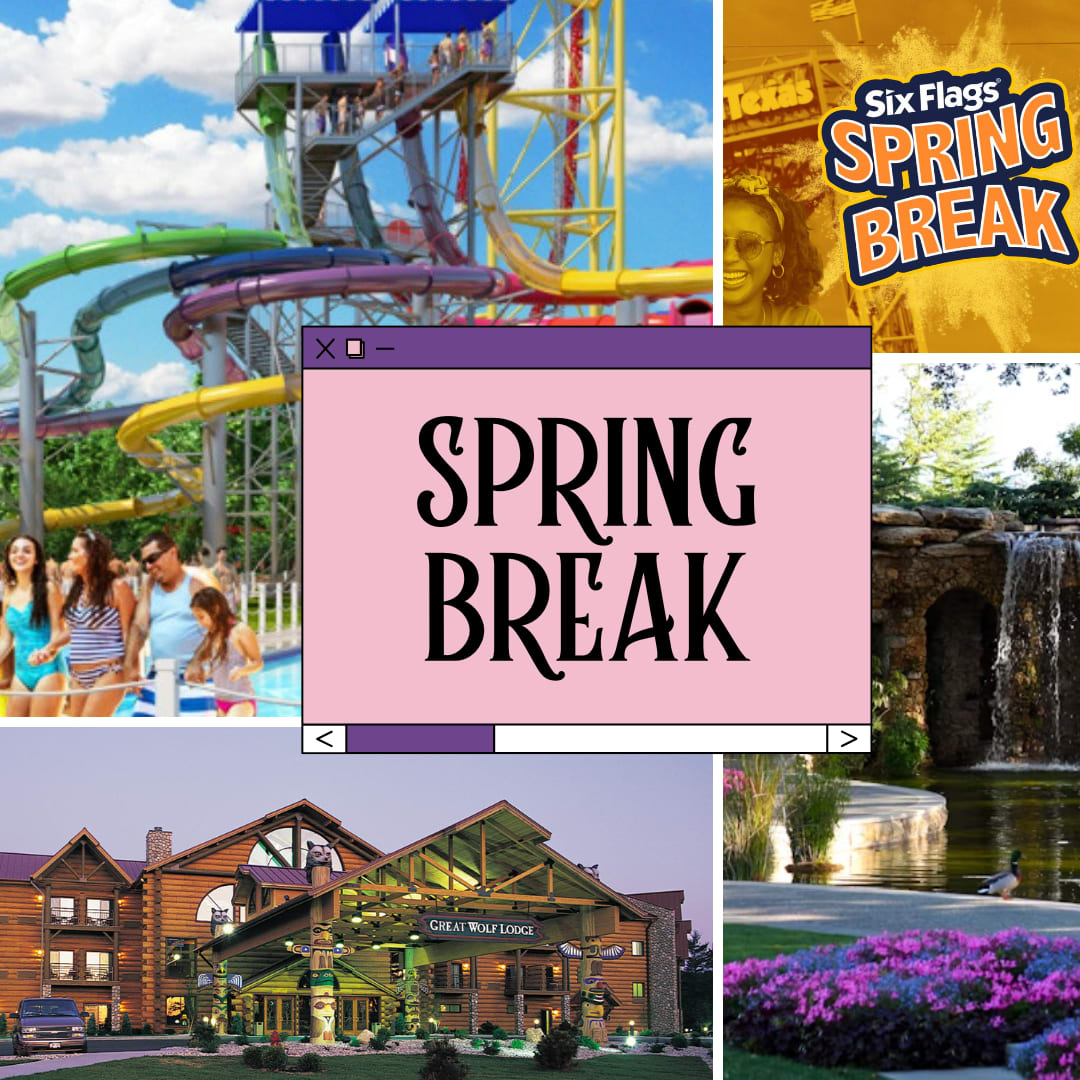 Spring break collage with water slides, Six Flags, a waterfall, and Great Wolf Lodge beneath a central title.
